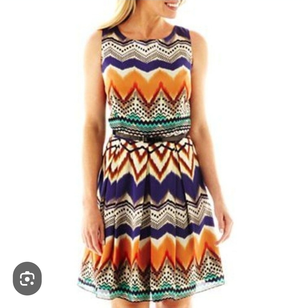 Isabel & Nina Orange and Blue Fit and Flare Midi Dress Size 6